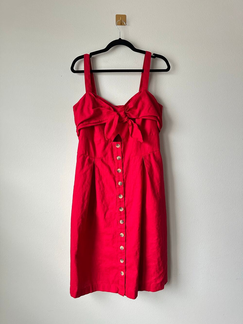 Y2K  Red Linen Blend Sundress Size 14 Button Front Tie Bust Midi Dress Pockets